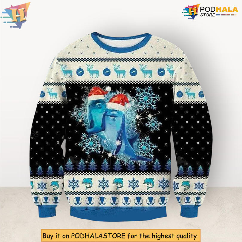 Dolphin With Snowflakes Winter Scene Ocean Theme All Over Print Christmas Sweater