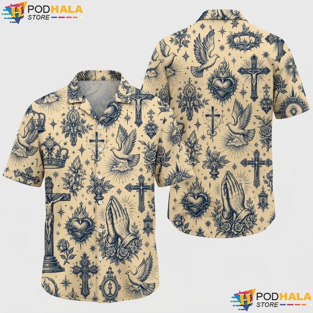 Dove Cross Religious Graphic Hawaiian Shirt Vintage Casual Summer Top