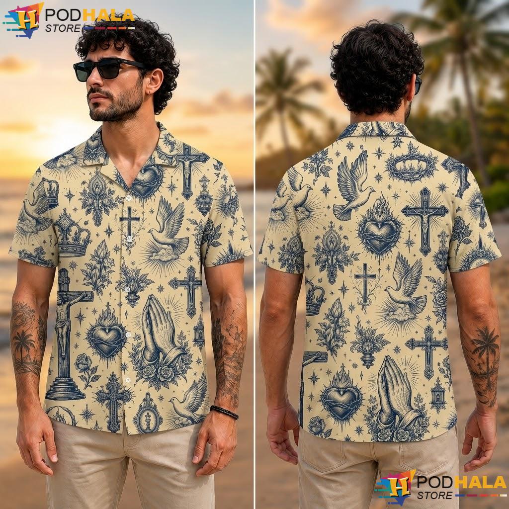 Dove Cross Religious Graphic Aloha Shirt Vintage Casual Summer Top Dove Cross Religious Graphic Aloha Shirt Vintage Casual Summer Top