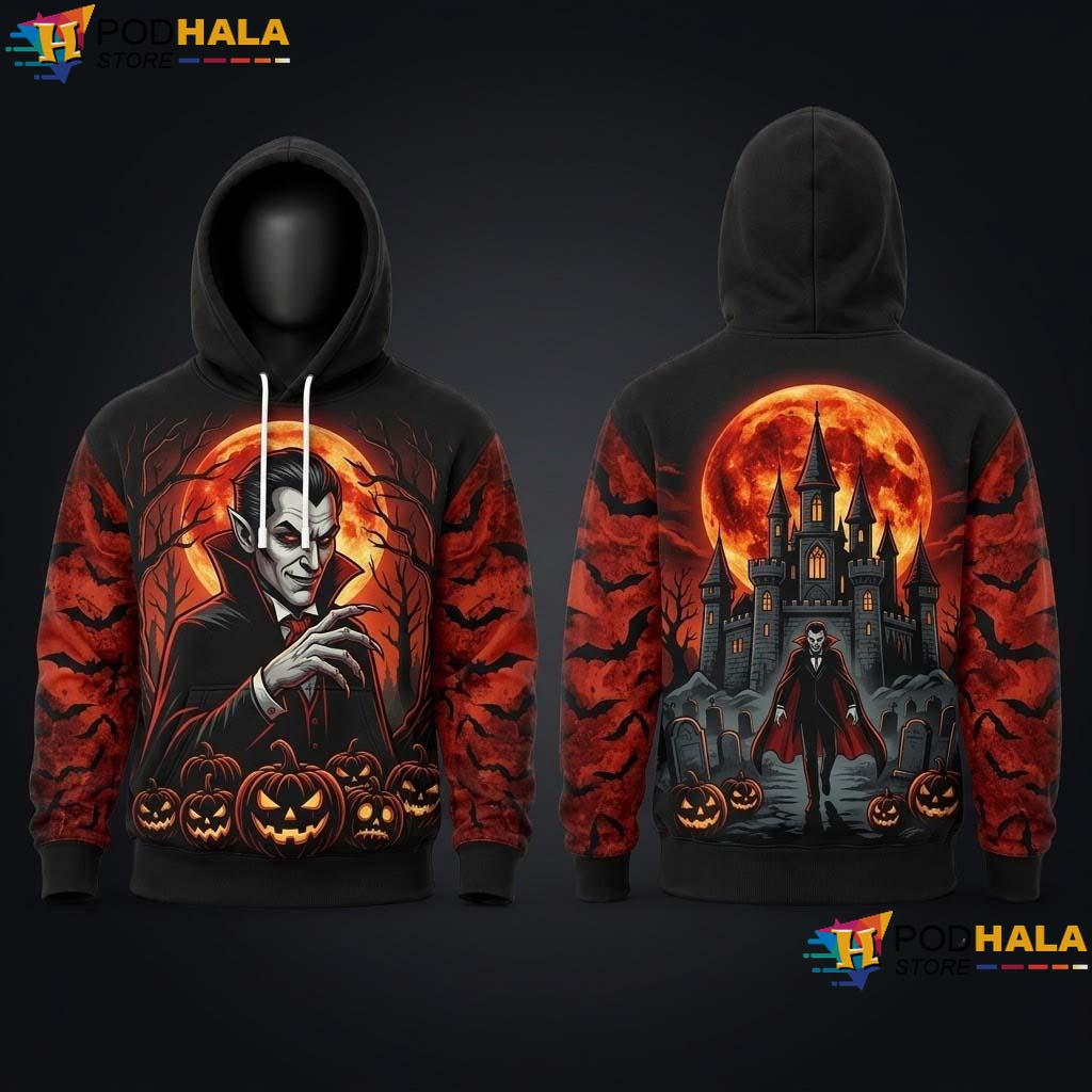 Dracula Castle Halloween AOP Hoodie Vintage Gothic Vampire Horror Top