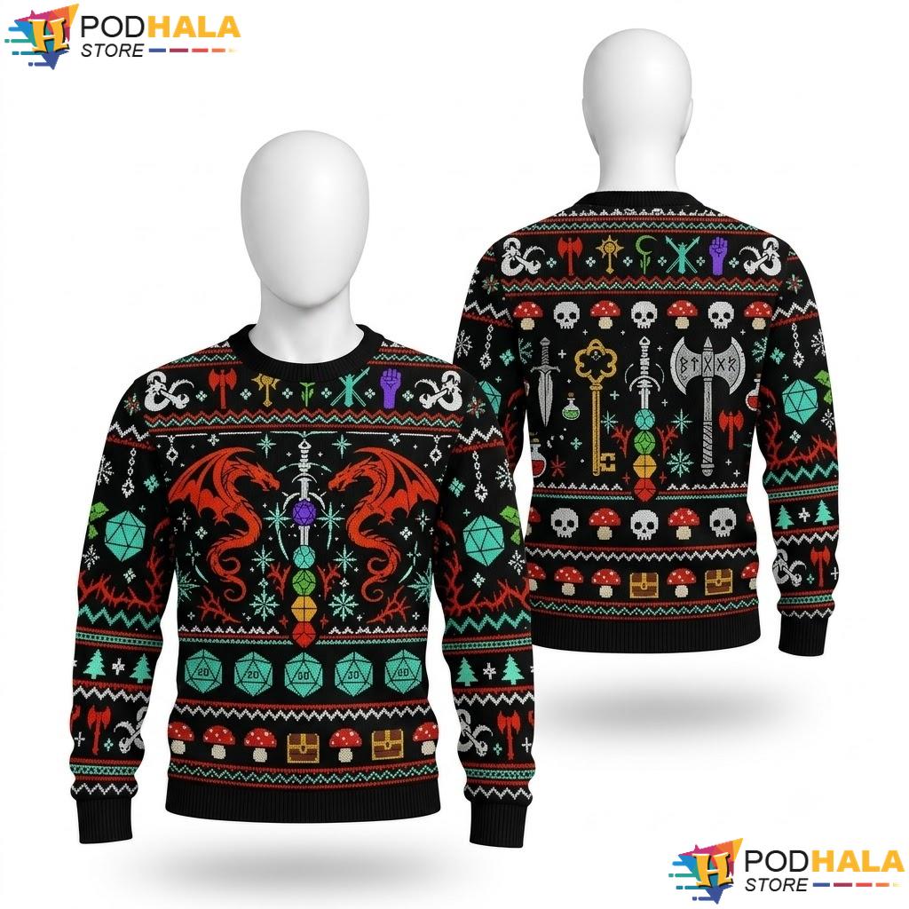 Dragon Gaming Red D20 Dice Ugly Christmas Sweater Festive RPG Xmas Top