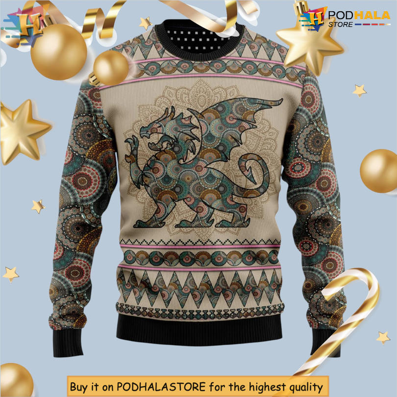 Dragon Mandala Pattern Design Mystic Graphic Art Vintage Christmas Sweater