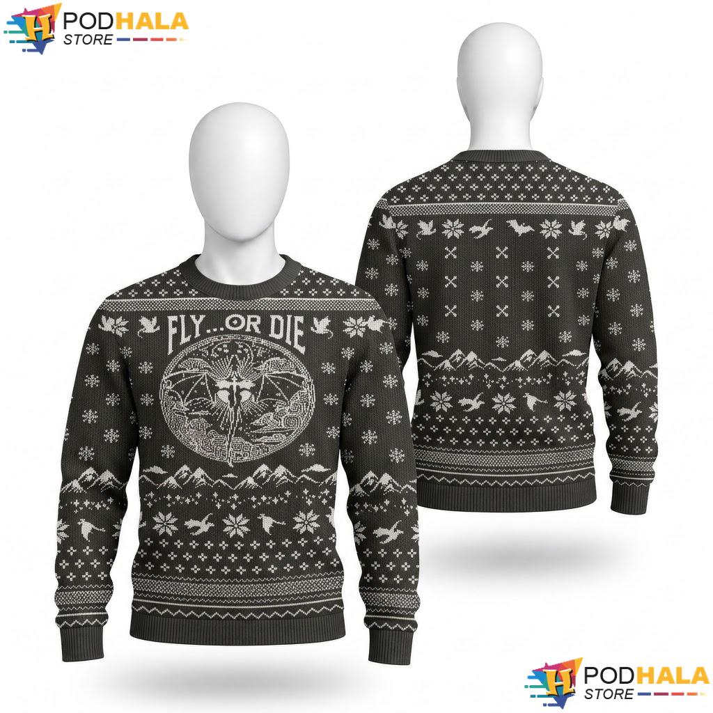 Dragon Wings Funny Knit Xmas Sweater Fly Or Die Mens Holiday Outfit