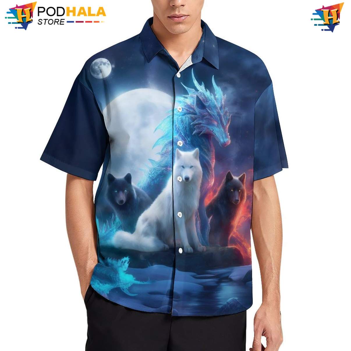 Dragon Wolf Aloha Shirt Mens Cool Print Casual Graphic Summer Beachwear Outfit