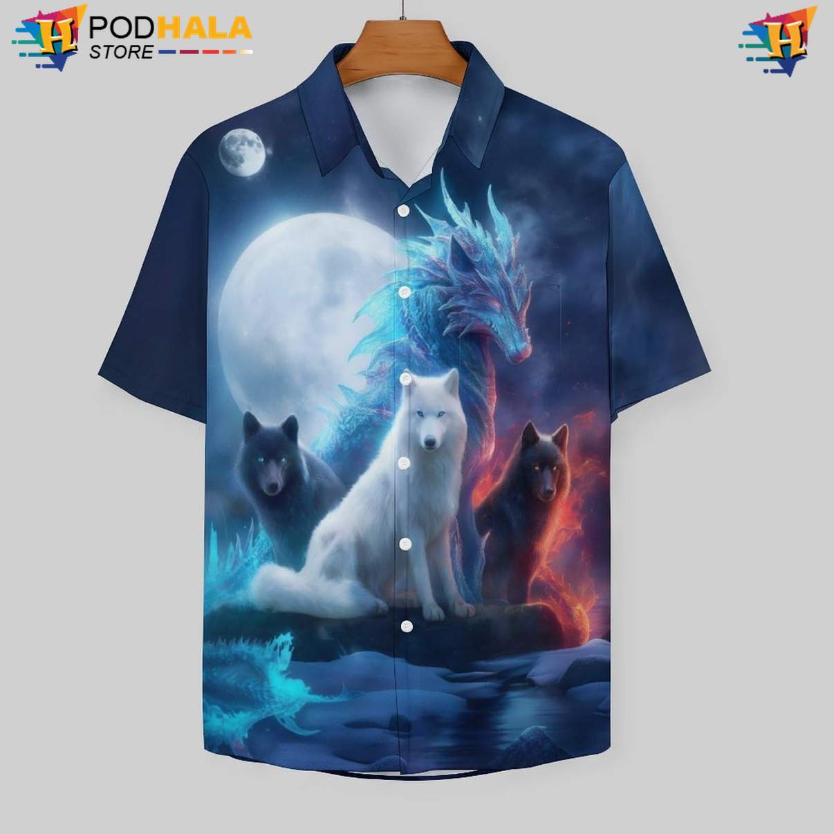 Dragon Wolf Tropical Shirt Mens Cool Print Casual Graphic Summer Beachwear Outfit Dragon Wolf Tropical Shirt Mens Cool Print Casual Graphic Summer Beachwear Outfit
