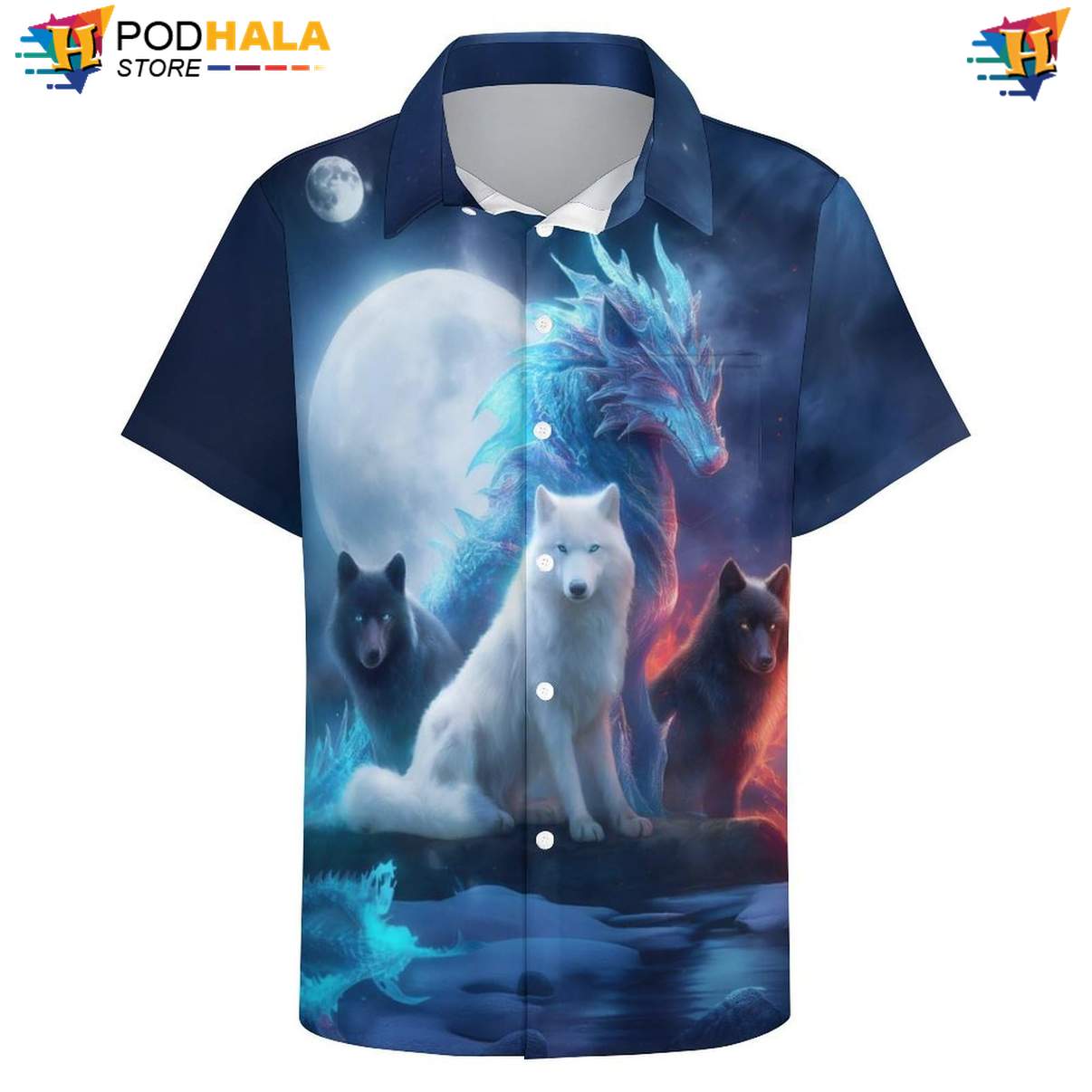 Dragon Wolf Short-sleeve button-up shirt Mens Cool Print Casual Graphic Summer Beachwear Outfit Dragon Wolf Short-sleeve button-up shirt Mens Cool Print Casual Graphic Summer Beachwear Outfit