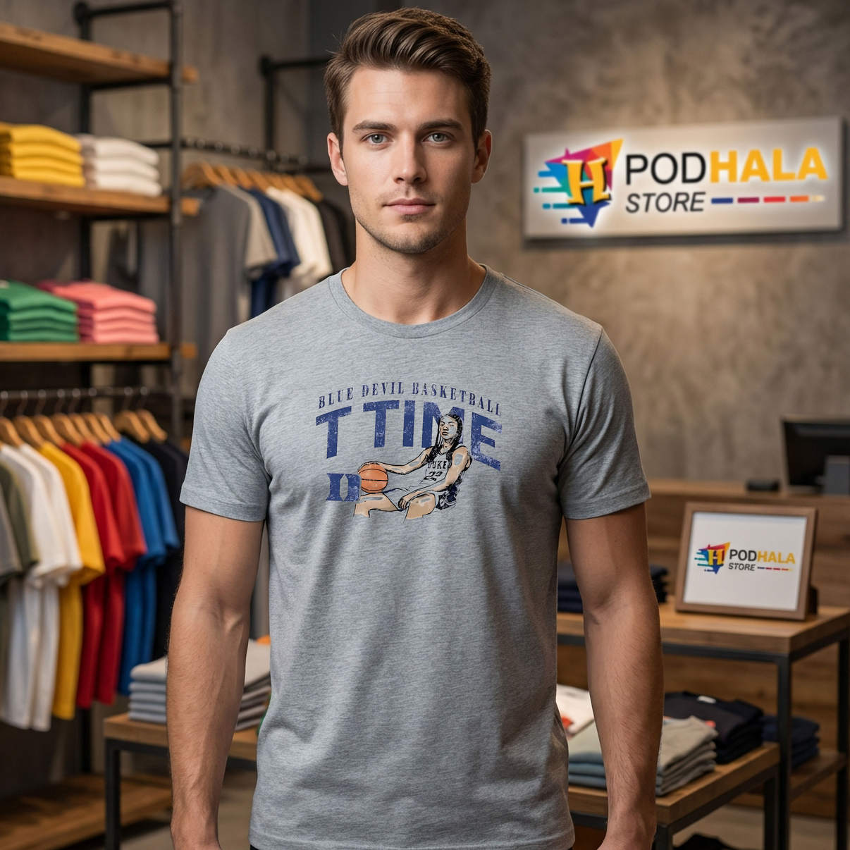 Duke Blue Devils T Time Cartoon Shirt Basketball Fan Graphic Casual Mens