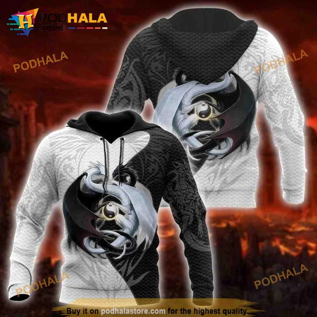 Dynamic Black And White Dragon 3d Hoodie With Intricate Design