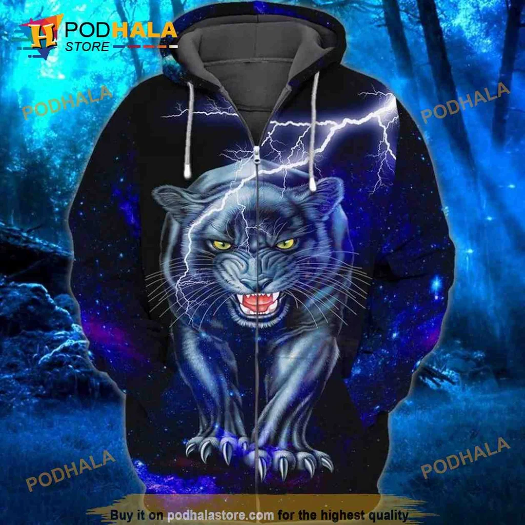 Dynamic Black Panther 3d Hoodie With Cosmic Background And Lightning Effects