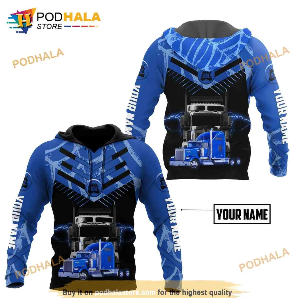 Dynamic Blue Truck Lover 3d Hoodie With Custom Name And Lightning Design