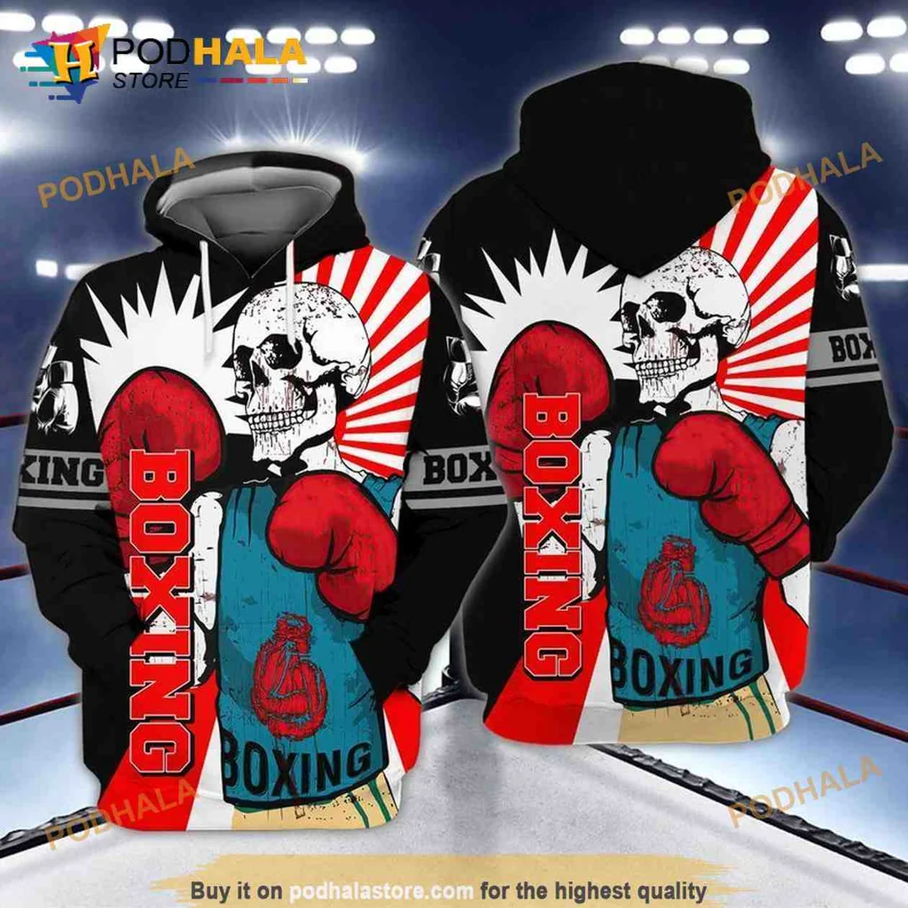 Dynamic Boxing Skull 3d Hoodie With Bold Red Sunburst Design