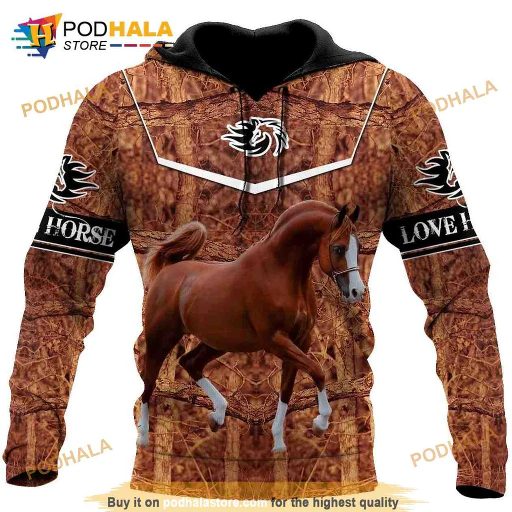 Dynamic Brown Arabian Horse 3d Hoodie Featuring Galloping Design And Love Horse Text