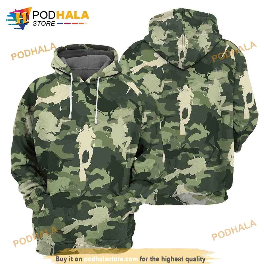 Dynamic Camouflage Scuba Diving 3d Hoodie With Silhouettes Of Divers