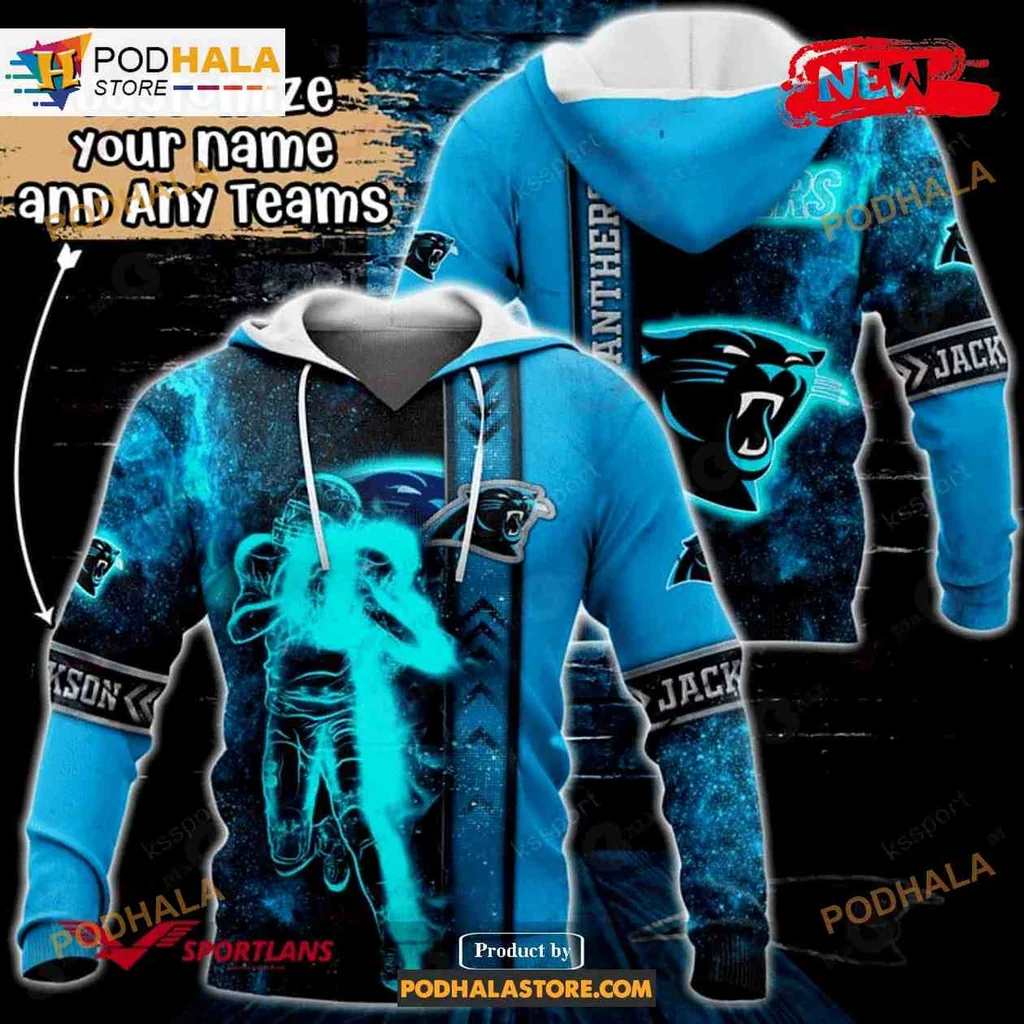 Dynamic Carolina Panthers 3d Hoodie With Bold Player Graphic Design
