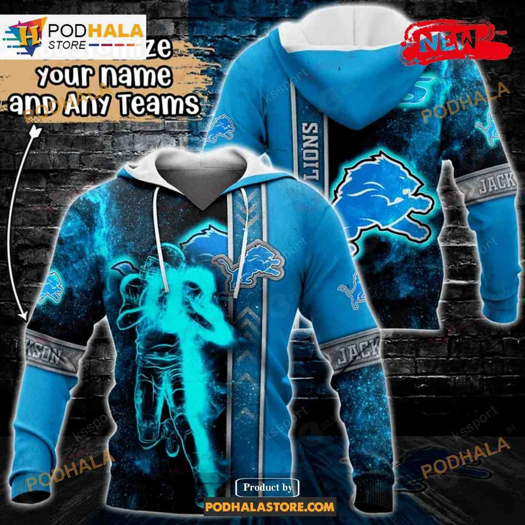 Dynamic Detroit Lions 3d Hoodie Featuring Glowing Football Player Design