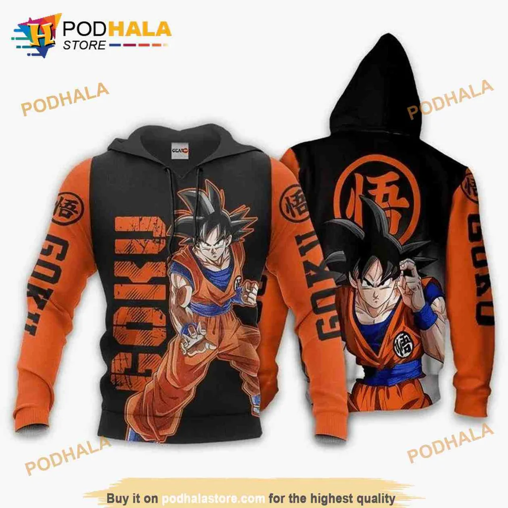 Dynamic Dragon Ball Goku 3d Hoodie With Action Pose And Japanese Characters