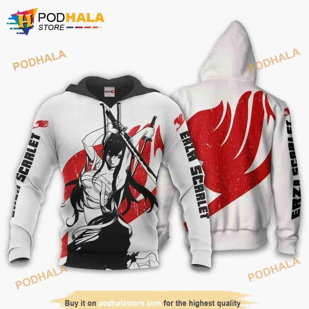 Dynamic Erza Scarlet Fairy Tail 3d Hoodie Featuring Bold Sword Pose
