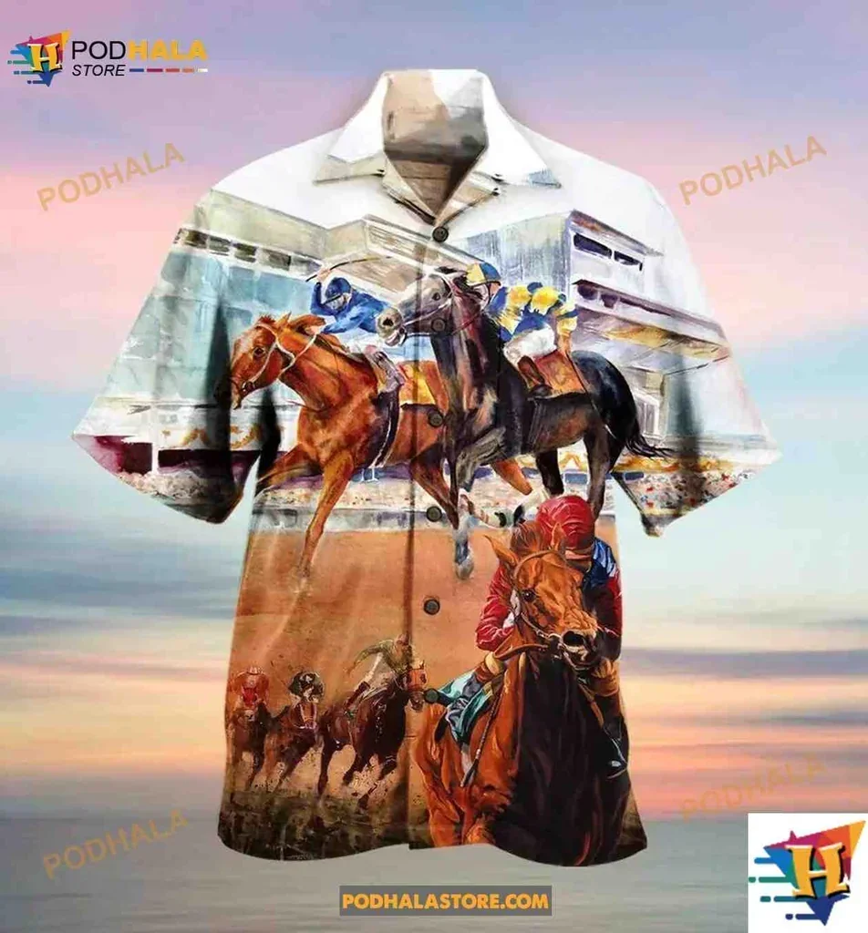Dynamic Horse Racing Aloha Shirt Featuring Galloping Horses And Jockeys