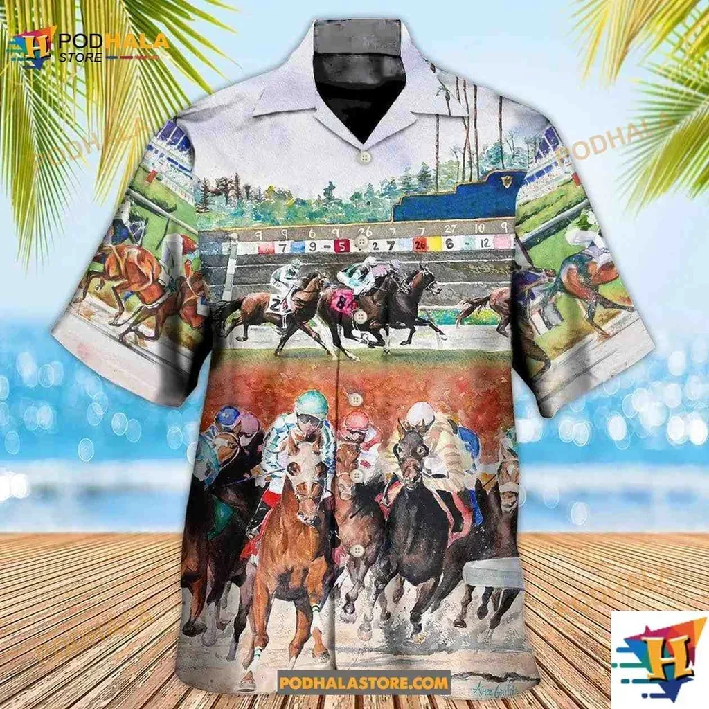 Dynamic Horse Racing Aloha Shirt Featuring Galloping Horses And Jockeys