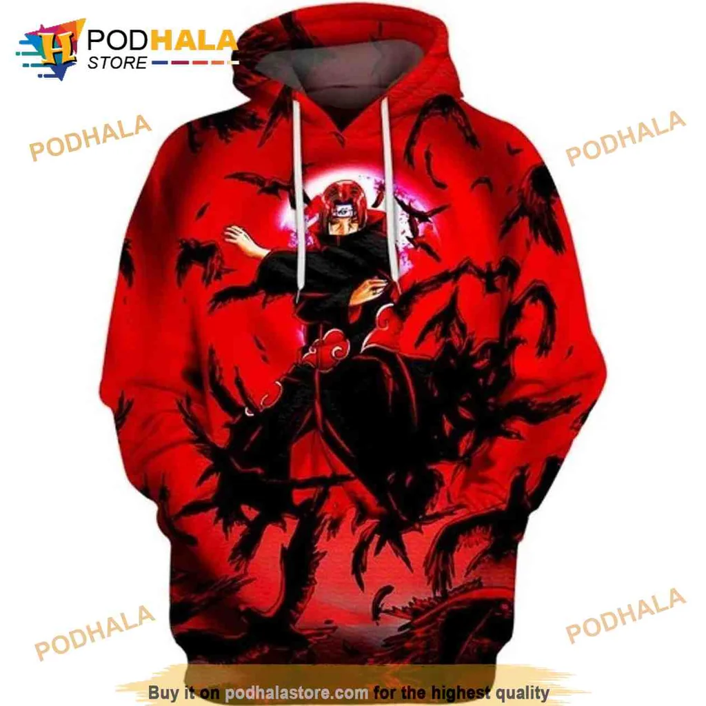 Dynamic Itachi Uchiha Crows 3d Hoodie With Bold Red Background