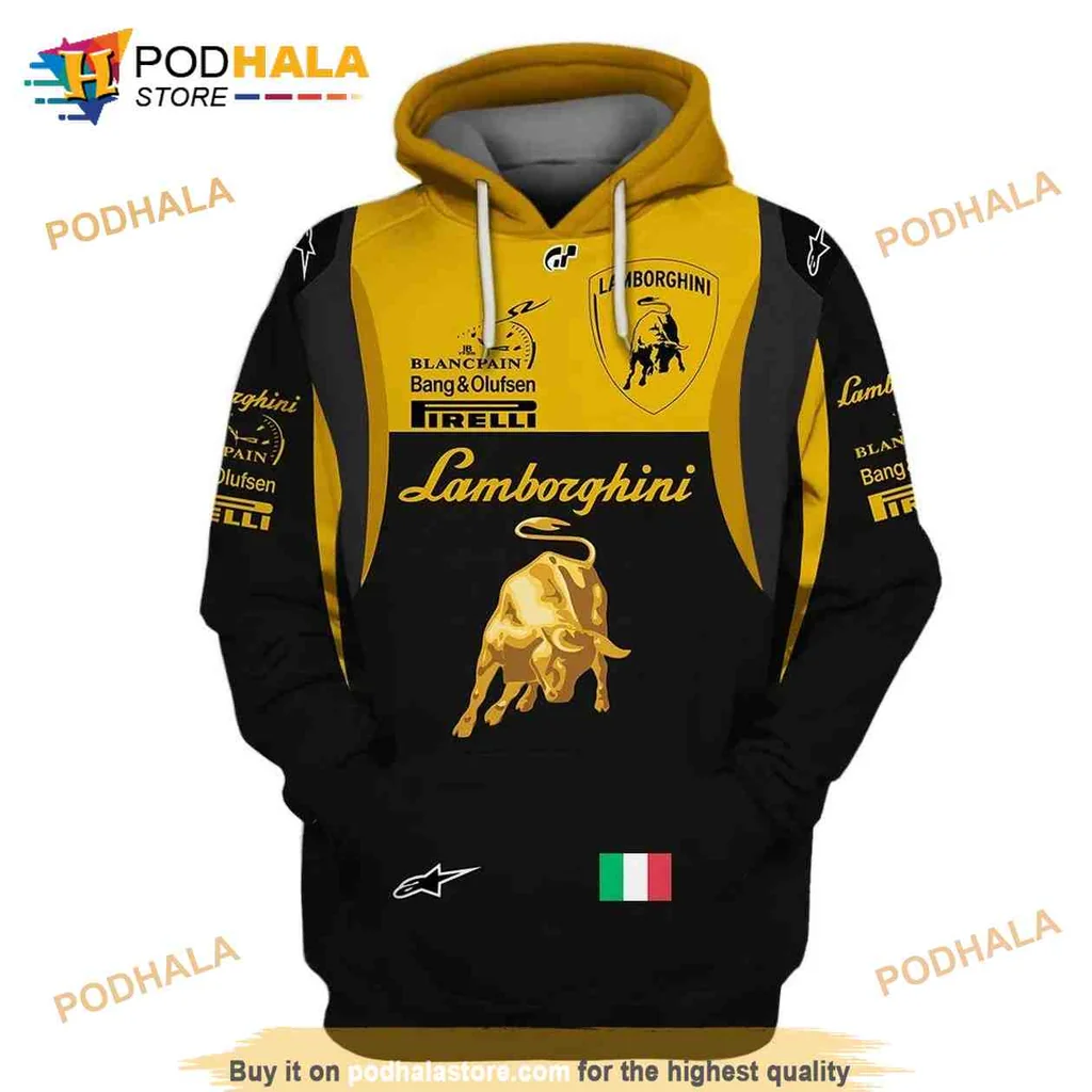 Dynamic Lamborghini Racing Team 3d Hoodie Featuring Golden Bull Emblem
