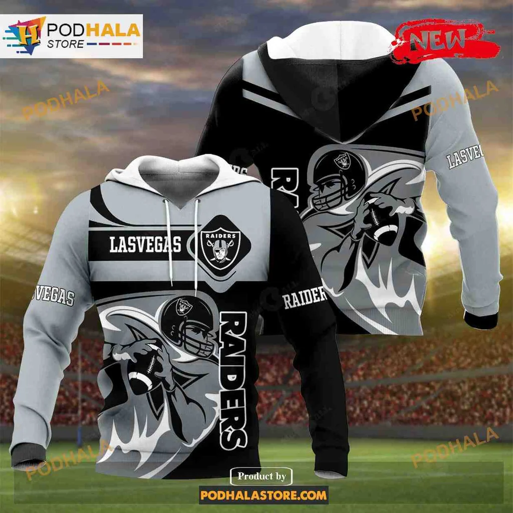 Dynamic Las Vegas Raiders 3d Hoodie Featuring Bold Football Player Design