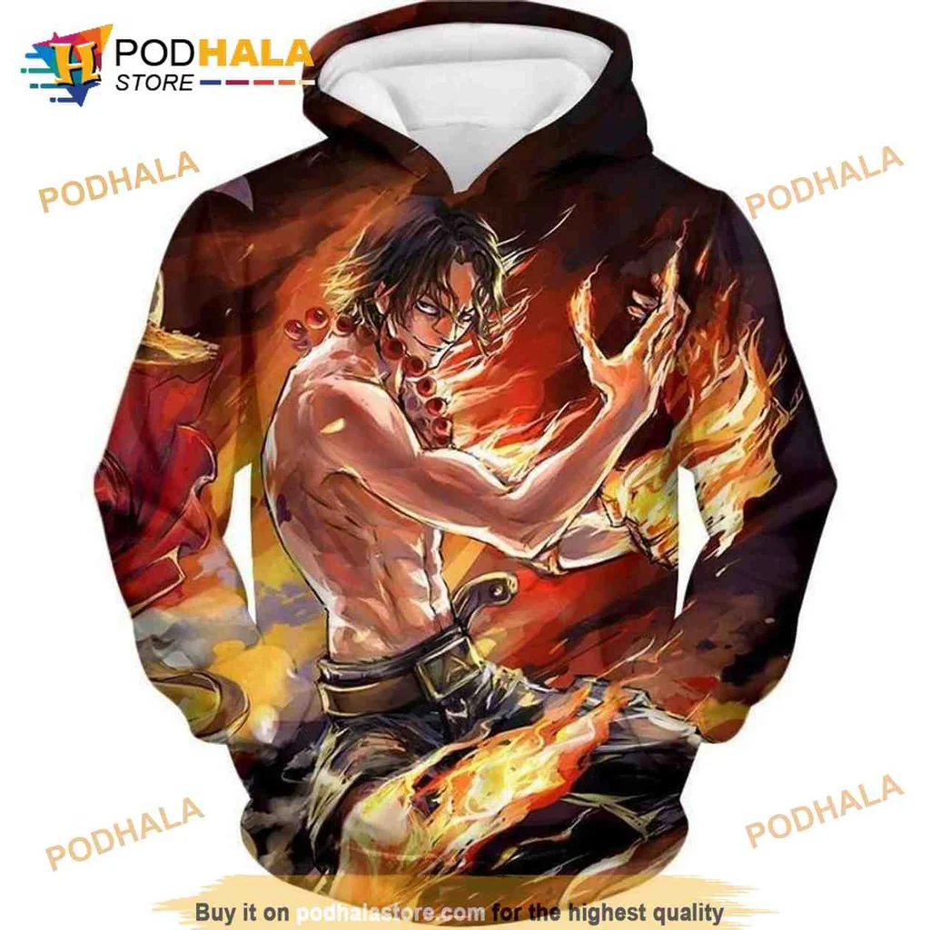 Dynamic One Piece Anime Character 3d Hoodie With Fiery Illustration