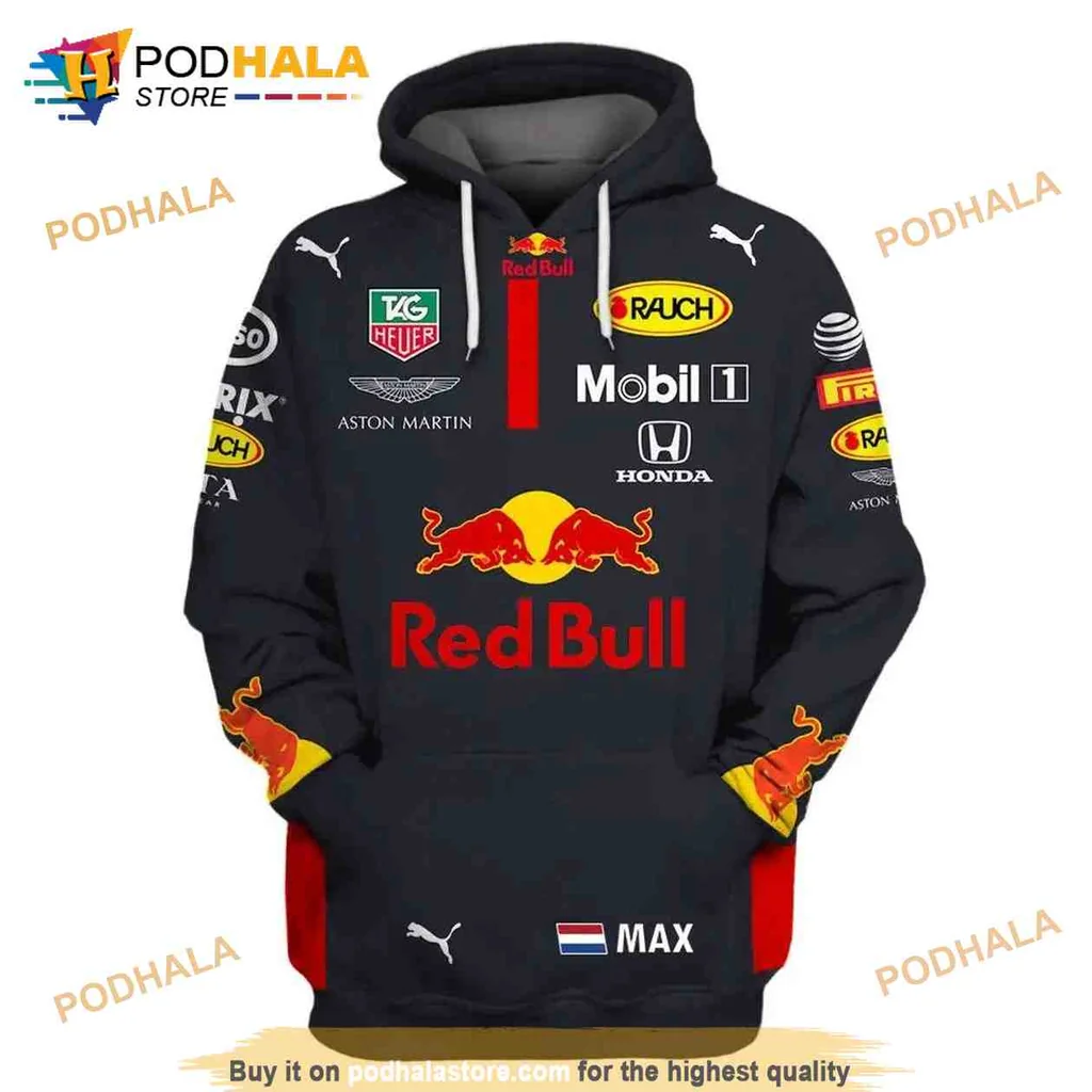 Dynamic Red Bull Racing 3d Hoodie Featuring Iconic Logo And Sponsor Designs