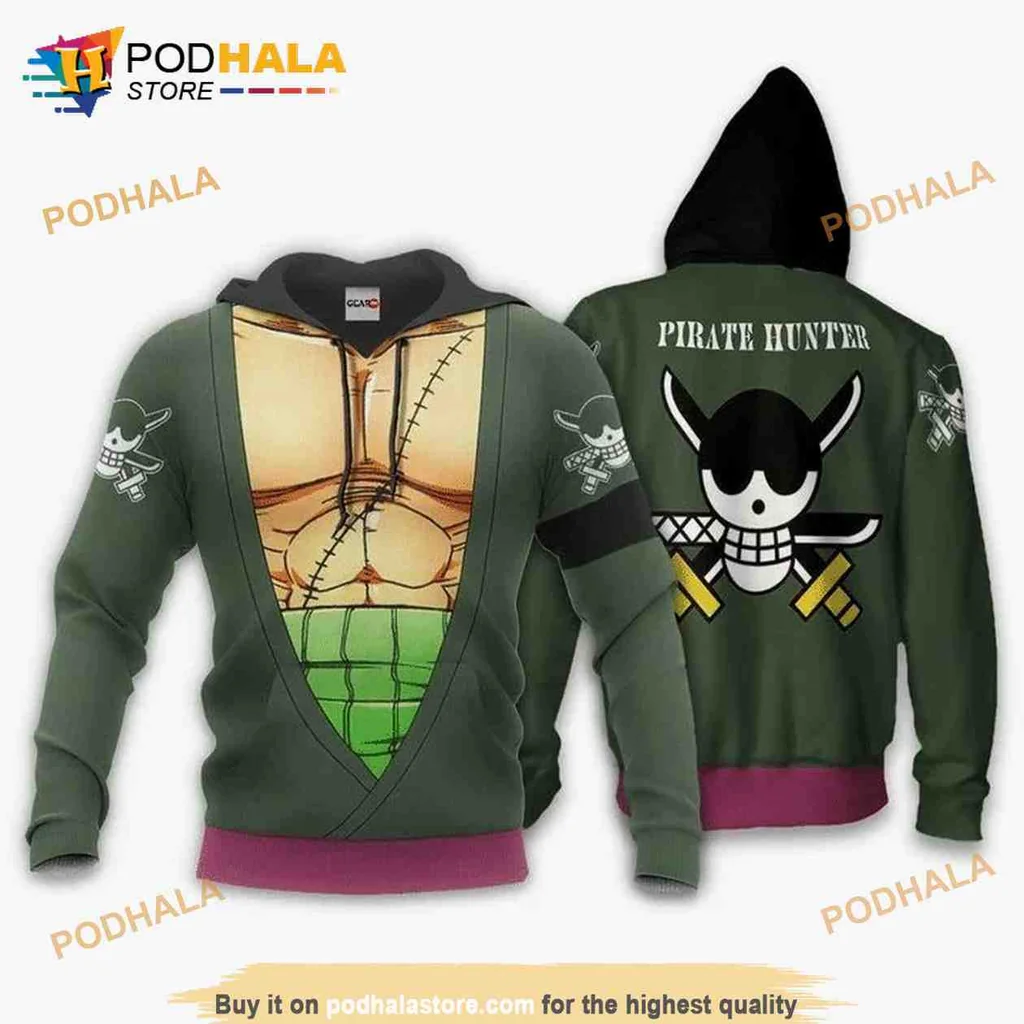 Dynamic Roronoa Zoro Anime 3d Hoodie With Skull Emblem And Green Background