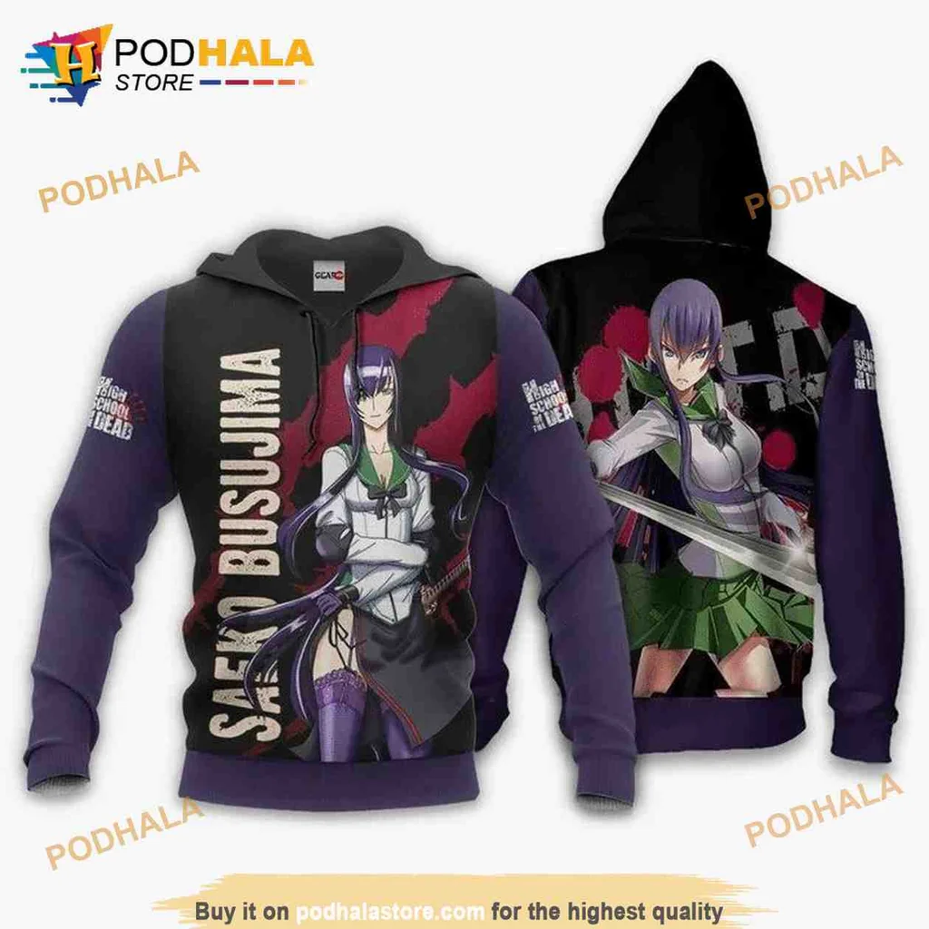 Dynamic Saeko Busujima 3d Hoodie Featuring Action Pose And Katana Design