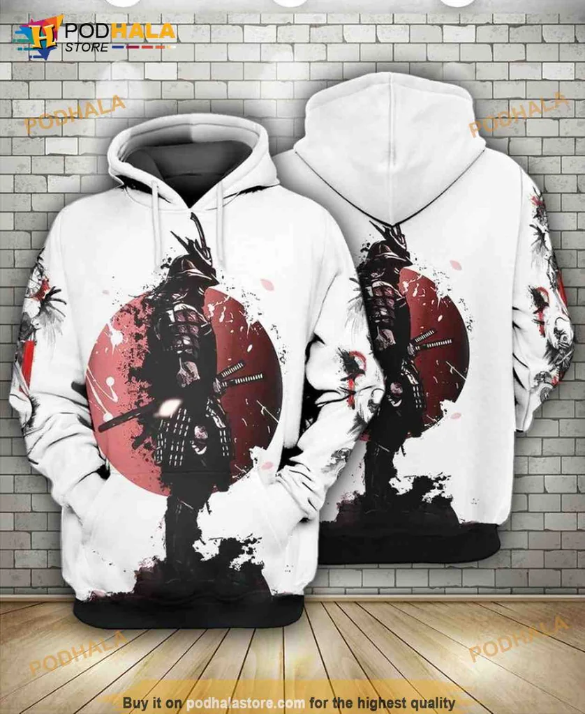 Dynamic Samurai Warrior 3d Hoodie With Japanese Flag Inspiration