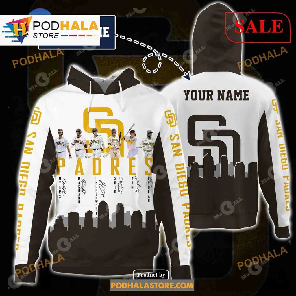 Dynamic San Diego Padres 3d Hoodie Featuring Players In Action And City Skyline