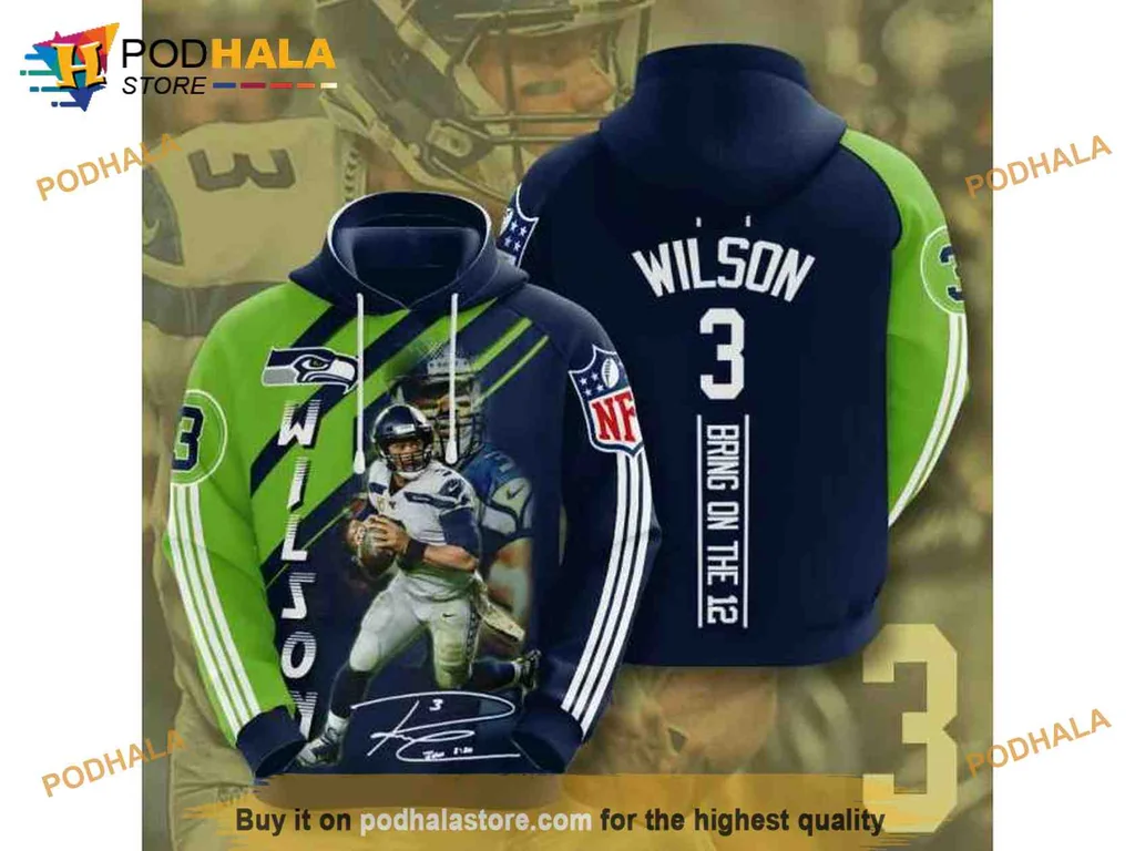 Dynamic Seattle Seahawks Russell Wilson 3d Hoodie With Vibrant Player Graphic