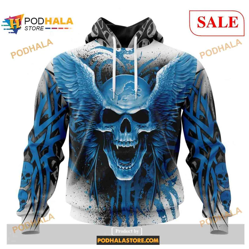 Dynamic Skull Wings 3d Hoodie With Striking Blue Tribal Design