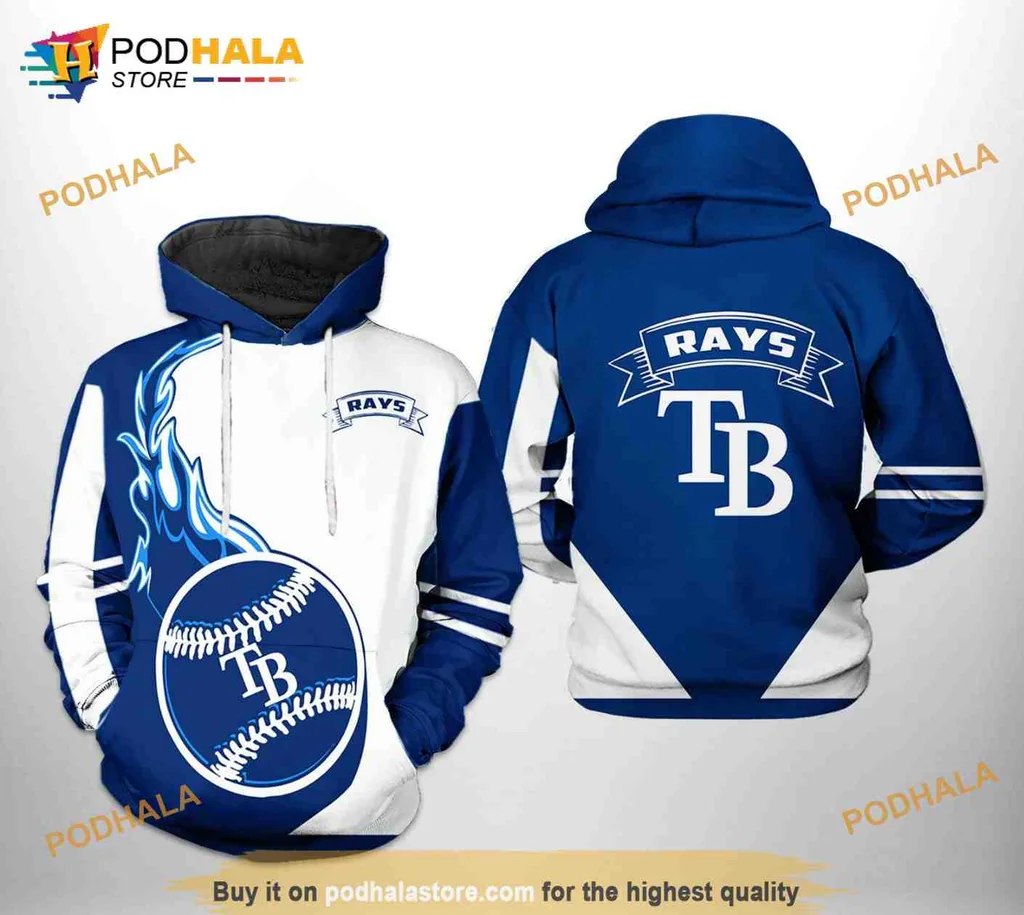Dynamic Tampa Bay Rays 3d Hoodie With Blue Flames And Baseball Graphic