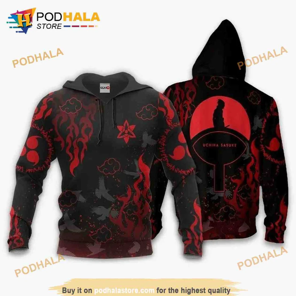 Dynamic Uchiha Sasuke 3d Hoodie Featuring Sharingan Symbols