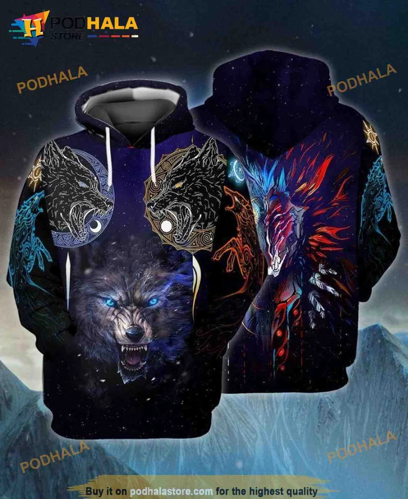 Dynamic Viking Wolf 3d Hoodie Featuring Skoll And Hati Design