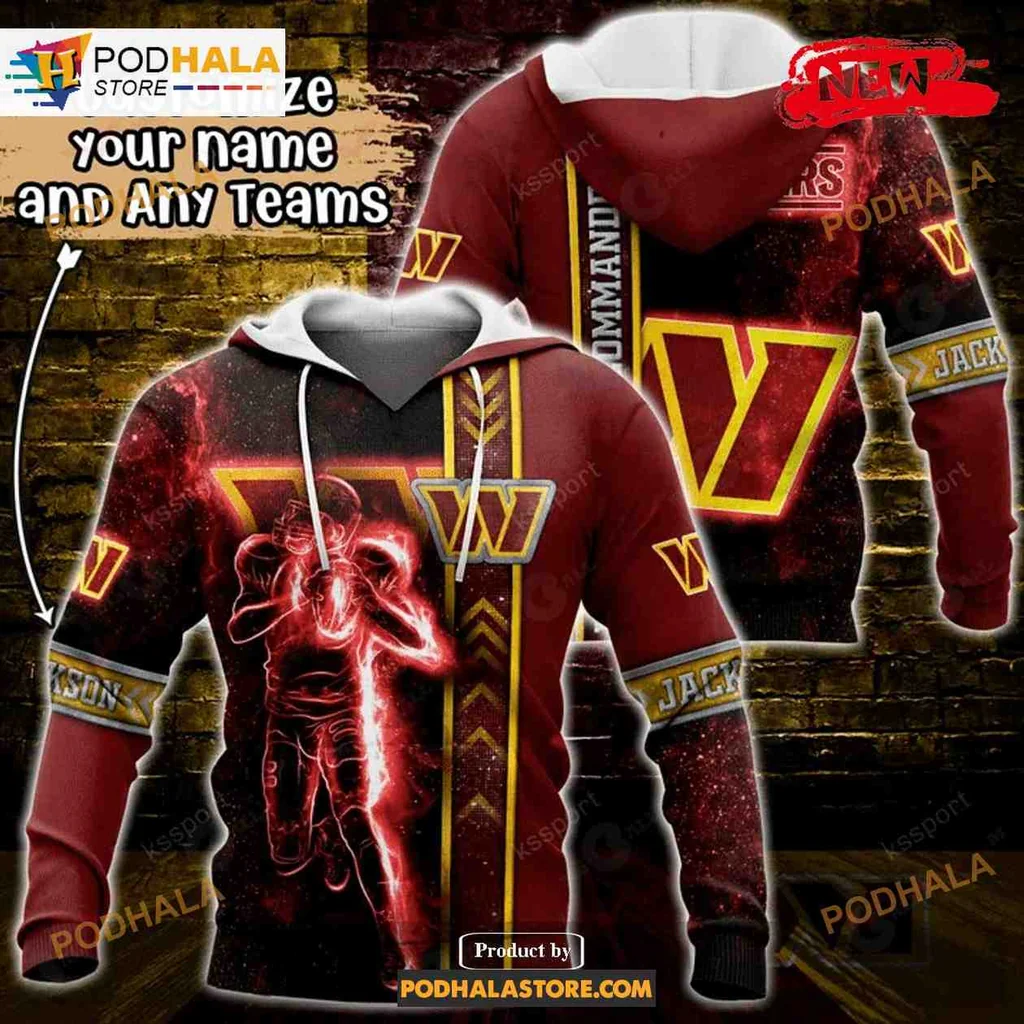 Dynamic Washington Commanders 3d Hoodie Featuring Bold Football Player Design