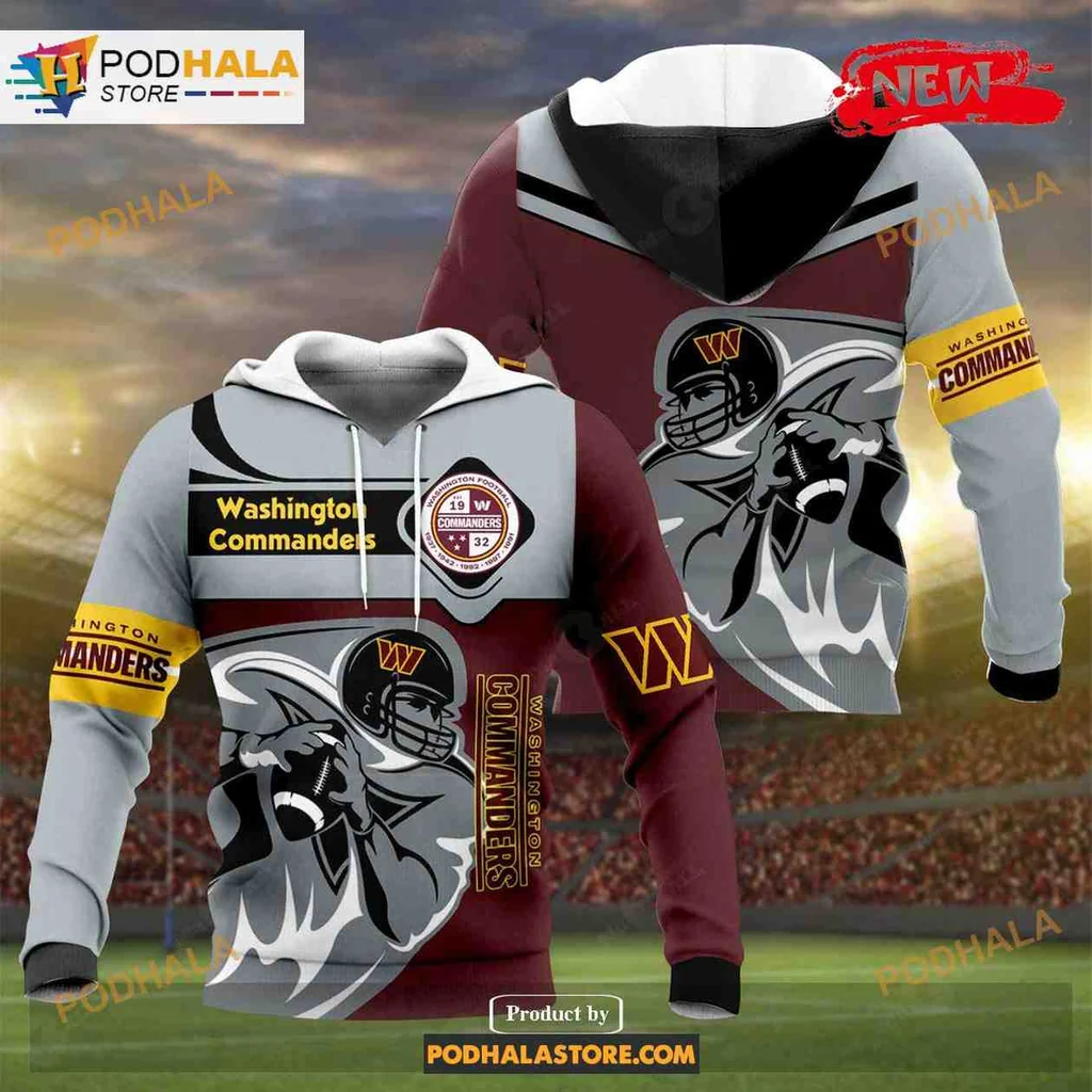 Dynamic Washington Commanders 3d Hoodie With Bold Football Player Graphic