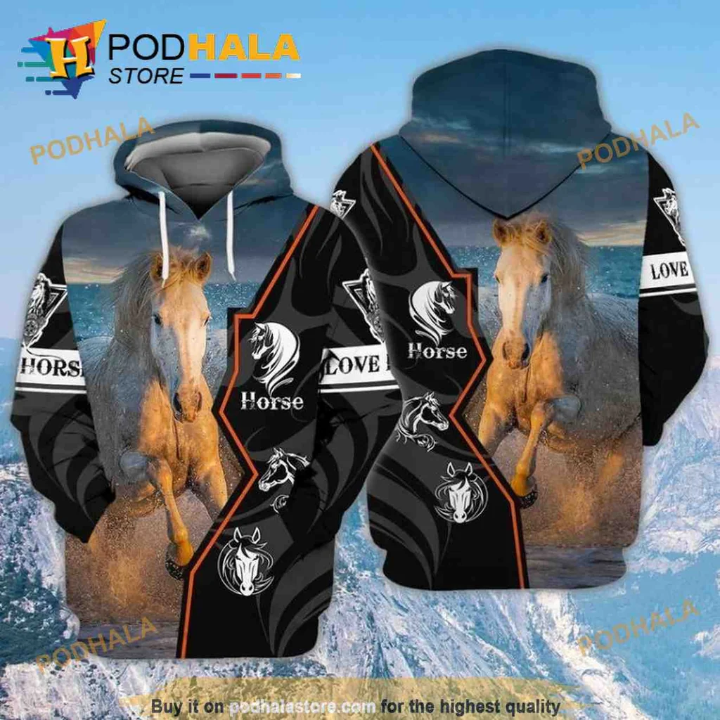Dynamic White Horse 3d Hoodie Featuring Galloping Design Through Water