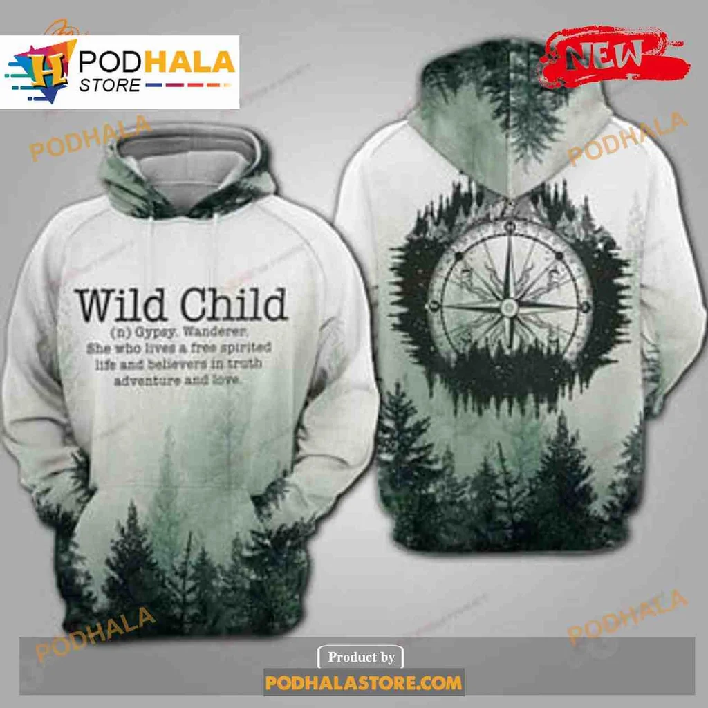 Earthy Wild Child 3d Hoodie, Forest Camping Sweatshirt With Compass Design
