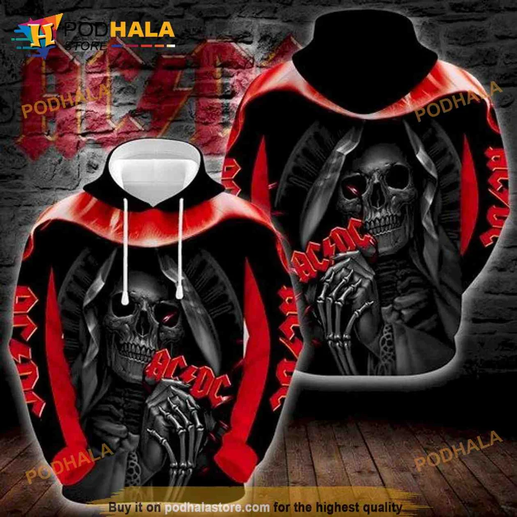 Edgy Ac/dc Skull 3d Hoodie With Bold Red Accents And Dark Vibe