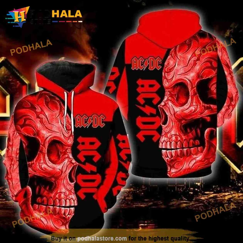Edgy Ac/dc Skull 3d Hoodie With Bold Red Design