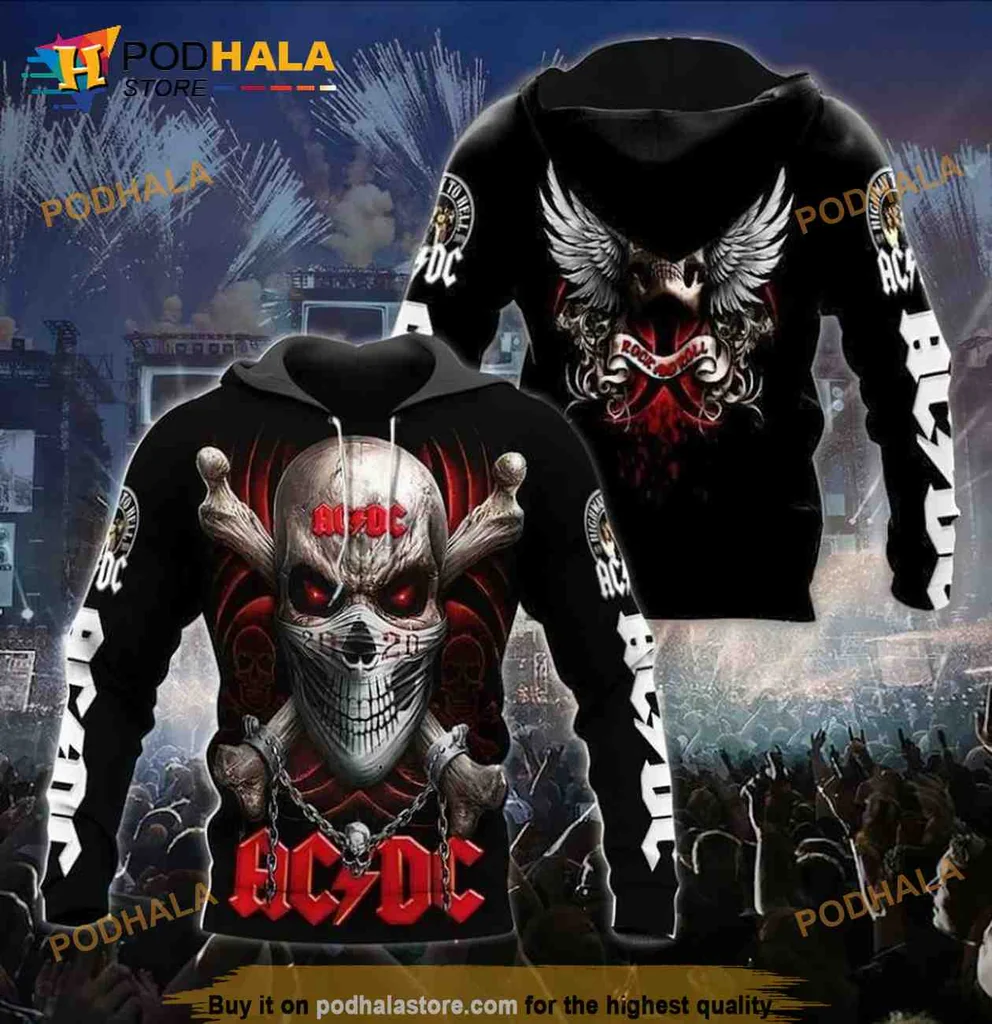 Edgy Acdc Skull Wings 3d Hoodie With Metallic Elements And Dramatic Design