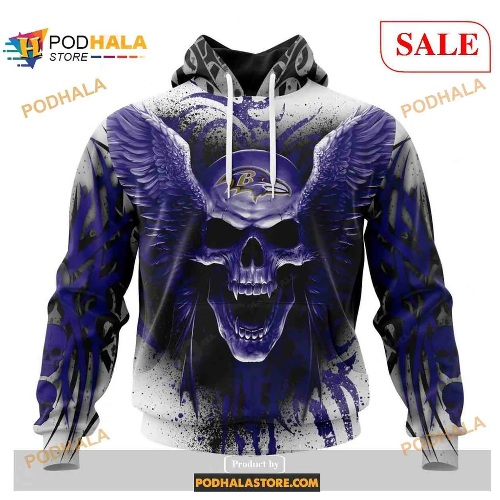 Edgy Baltimore Ravens Skull 3d Hoodie With Wings And Bold Design