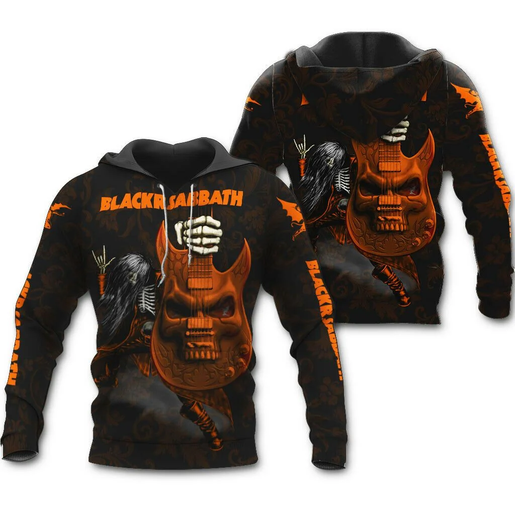 Edgy Black Sabbath Rock Band 3d Hoodie With Electric Guitar And Skull Design