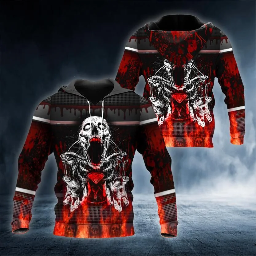 Edgy Blood Skull 3d Hoodie With Haunting Design And Skeletal Hands