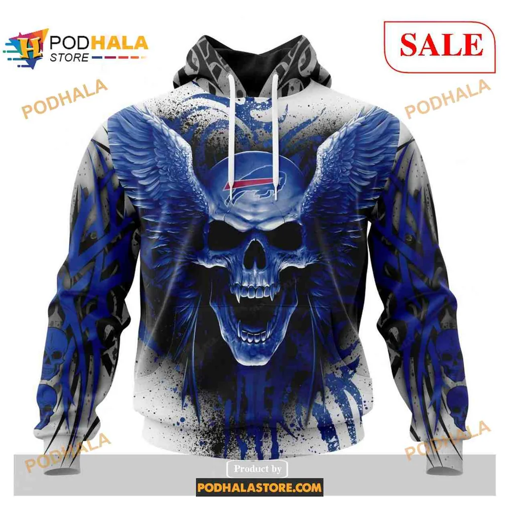 Edgy Buffalo Bills Skull 3d Hoodie With Wings And Abstract Design
