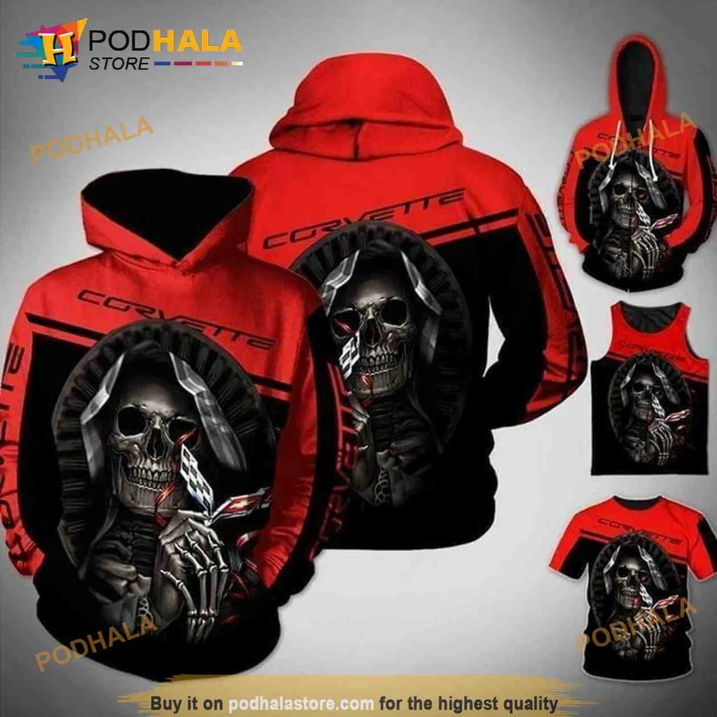 Edgy Corvette Skull 3d Hoodie With Intricate Checkered Flag Design