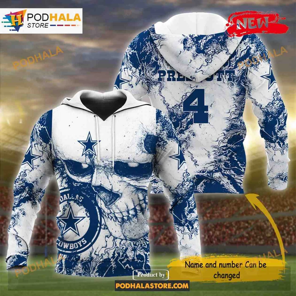 Edgy Dallas Cowboys Skull 3d Hoodie With Custom Name And Number Option